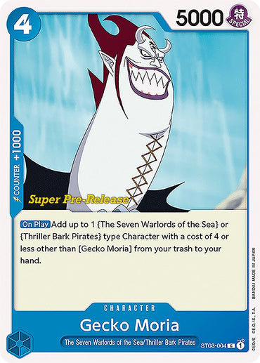 A card from Bandai's "Gecko Moria [Super Pre-Release Starter Deck: The Seven Warlords of the Sea]" in the One Piece trading card game showcases Gecko Moria of the Thriller Bark Pirates. This blue-bordered card illustrates Moria with sharp teeth, large horns, and a wide grin. It boasts a 5000 power level, comes with "On Play" instructions, and features "The Seven Warlords of the Sea" attribute.