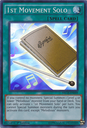A Yu-Gi-Oh! Normal Spell Card titled "1st Movement Solo [NECH-EN059] Super Rare" with a hollow foil finish. The card depicts a golden music book with musical notes around it. Part of the New Challengers set, its text box describes how to special summon a Level 4 or lower "Melodious" monster if you control no monsters.