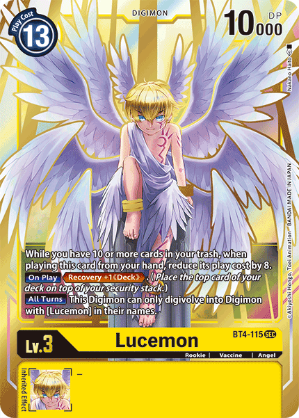 This Secret Rare Digimon card, Lucemon [BT4-115] from the "Great Legend" series, features a yellow background with an illustration of Lucemon in the bottom left corner. The winged, angelic figure has flowing blond hair and is adorned in white and pink garments. With a play cost of 13 and 10,000 DP, the text on the card details Lucemon's abilities and evolution requirements.