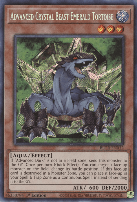 An "Advanced Crystal Beast Emerald Tortoise [BLCR-EN012] Secret Rare" Yu-Gi-Oh! card features a blue tortoise with a dark, spiky shell adorned with emerald crystals. This Secret Rare card has ATK 600 and DEF 2000. Descriptive text details its special abilities, and it is identified as an Aqua/Effect type monster from the Crystal Revenge set.