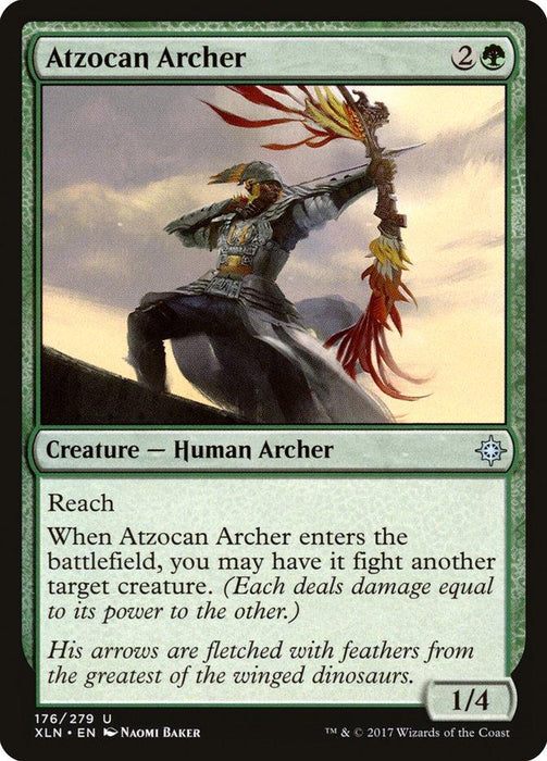 A Magic: The Gathering card titled "Atzocan Archer [Ixalan]" from the Magic: The Gathering set. It depicts a Human Archer in ornate armor with a feathered helmet, drawing a bow with a lit arrow. The card's text describes its abilities, including 'Reach' and a combat ability upon entering the battlefield, with power/toughness of 1/4.