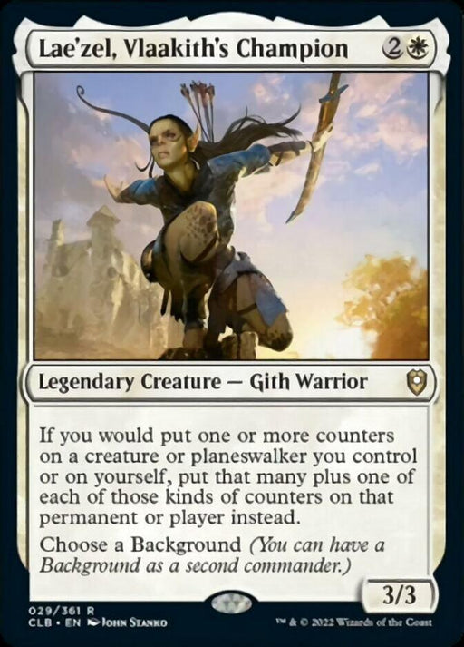 Lae'zel, Vlaakith's Champion [Commander Legends: Battle for Baldur's Gate] is a Rare card from Magic: The Gathering. This Legendary Creature warrior stands poised for battle, with stats in the bottom right corner. The text box details abilities related to counters on creatures or planeswalkers and allows choosing a Background.