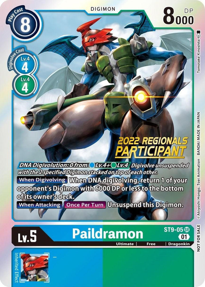 The Paildramon [ST9-05] card from the Digimon brand, part of the Starter Deck: Ultimate Ancient Dragon Promos for the 2022 Championship Offline Regional and Online Participant events, showcases a dragonkin donning green armor, blue wings, and dual arm weapons. This Super Rare card flaunts 8000 DP and details DNA Digivolution requirements alongside an attack effect that returns an opponent's Digimon to its owner’s deck.