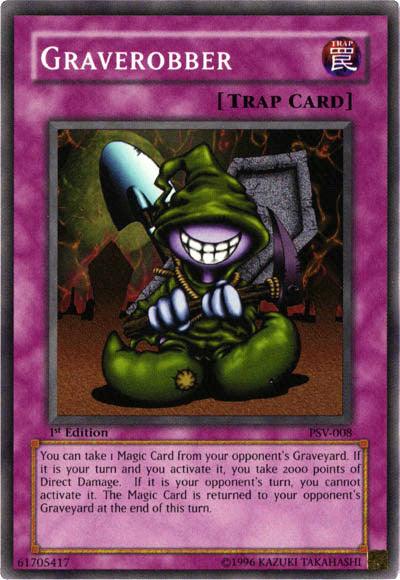 A "Yu-Gi-Oh!" trading card titled "Graverobber [PSV-008] Super Rare." This card from the Pharaoh's Servant set features a dark purple border and depicts a green, hooded goblin with a menacing grin, holding a large, curved dagger. Text at the bottom describes its effect: taking a Magic Card from the opponent's Graveyard with specific conditions.