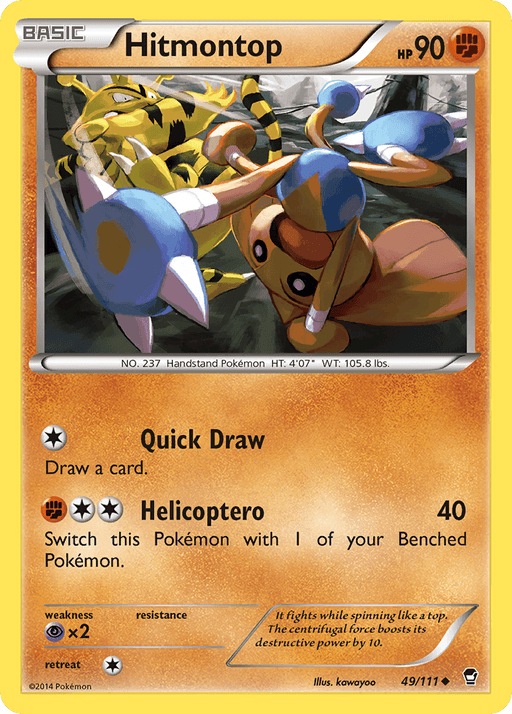 A Pokémon trading card featuring Hitmontop (49/111) [XY: Furious Fists] from Pokémon. Illustrated in a posed spinning position, this Uncommon card is labeled "Basic" with 90 HP. Hitmontop has moves "Quick Draw" and "Helicoptero." The card number is 49/111 and includes a description and illustration credit at the bottom.