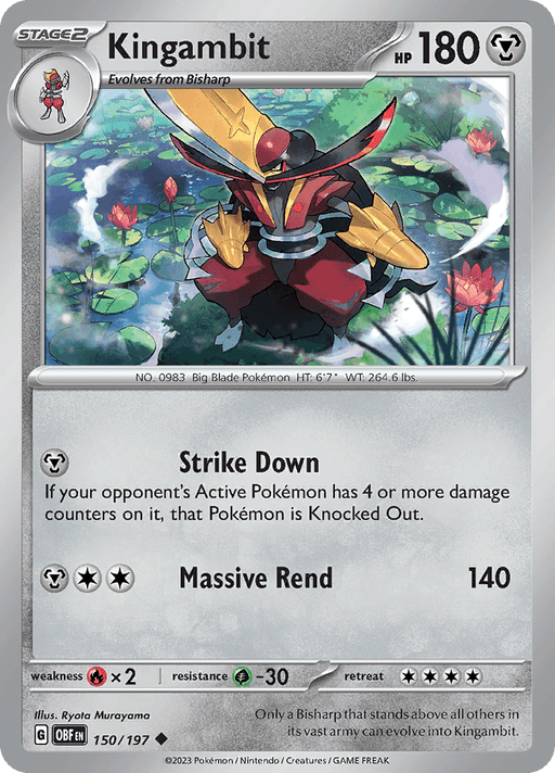 A Pokémon trading card depicts Kingambit (150/197) [Scarlet & Violet: Obsidian Flames], a black, armored warrior-like Pokémon from the Scarlet & Violet series with a yellow and red helmet, standing on lily pads in a pond. The Obsidian Flames edition card has HP 180 and describes the moves Strike Down and Massive Rend against a scenic background of lotus flowers.