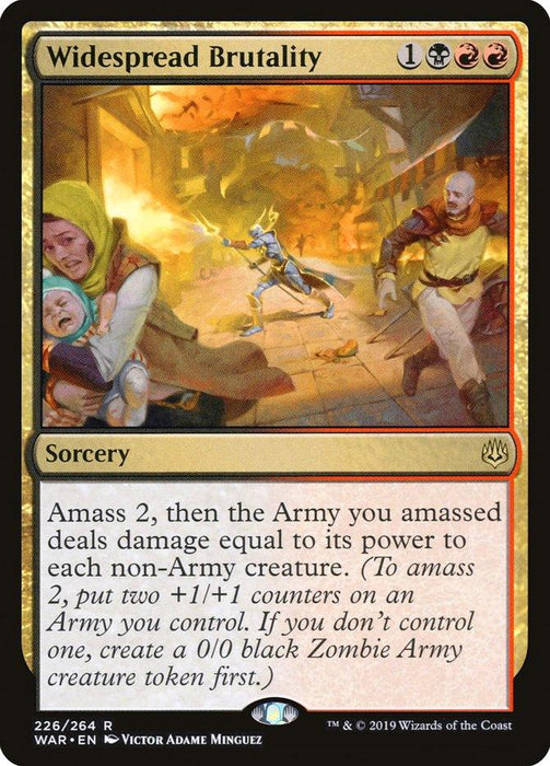 Magic: The Gathering product titled "Widespread Brutality [War of the Spark]" from War of the Spark. This Sorcery has black borders with red edges and costs 1 generic, 1 black, and 2 red mana. It reads: "Amass 2, then the Army you amassed deals damage equal to its power to each non-Army creature." The illustrated scene shows a chaotic battle.