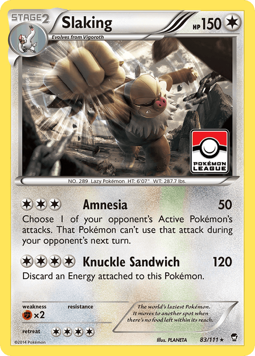 A Slaking (83/111) [XY: Furious Fists] card from the Pokémon series. It is a Stage 2 colorless Pokémon with 150 HP. The Holo Rare card features an image of Slaking flexing its muscles and has two moves: "Amnesia" and "Knuckle Sandwich." The bottom right shows the illustrator's name and the card number 83/111.