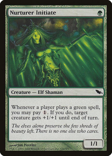 Magic: The Gathering card titled "Nurturer Initiate [Shadowmoor]" features an Elf Shaman with glowing eyes casting a spell. Text reads: "Whenever a player plays a green spell, you may pay 1. If you do, target creature gets +1/+1 until end of turn." The card has a green border and the power/toughness is 1/1.