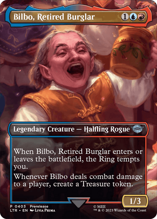 A Magic: The Gathering card from the Tales of Middle-Earth series features "Bilbo, Retired Burglar (Borderless Alternate Art) [The Lord of the Rings: Tales of Middle-Earth]." The illustration depicts a joyful Halfling with pale skin and light hair, donning a golden-orange vest. The card has a black border with text detailing Bilbo's abilities, themed in blue, red, and white.