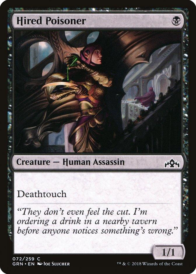 The image is of a Magic: The Gathering card titled "Hired Poisoner [Guilds of Ravnica]" from the Magic: The Gathering set. The artwork, by Joe Slucher, features a hooded assassin holding a dagger, with a neon-lit bar scene in the background. This Creature — Human Assassin stands ready to strike with Deathtouch and power/toughness 1/1.