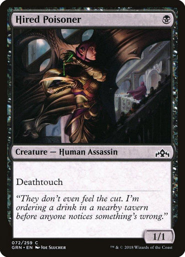 The image is of a Magic: The Gathering card titled "Hired Poisoner [Guilds of Ravnica]" from the Magic: The Gathering set. The artwork, by Joe Slucher, features a hooded assassin holding a dagger, with a neon-lit bar scene in the background. This Creature — Human Assassin stands ready to strike with Deathtouch and power/toughness 1/1.