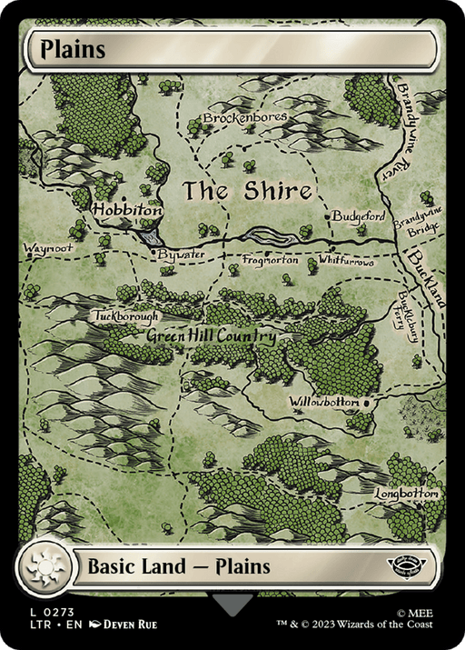 A detailed, illustrated map titled "Plains (273) [The Lord of the Rings: Tales of Middle-Earth]" from Magic: The Gathering. This Basic Land map features locations from The Lord of the Rings such as "The Shire," "Hobbiton," and "Green Hill Country" amid forested and mountainous areas. The bottom label reads "Basic Land — Plains" with artist credits to Deven Rue.