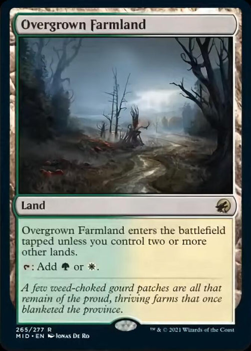 A Magic: The Gathering product named "Overgrown Farmland [Innistrad: Midnight Hunt]." This rare land features a desolate, dark, and twisted terrain with a gloomy atmosphere. It can add green or white mana to your pool, but it enters the battlefield tapped unless you control two or more lands.