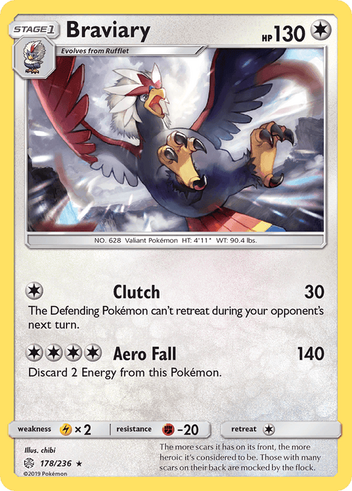 A rare Pokémon card from the Sun & Moon Cosmic Eclipse set, featuring Braviary (178/236) [Sun & Moon: Cosmic Eclipse], a Stage 1 Pokémon evolving from Rufflet by Pokémon. The card showcases Braviary swooping down with open wings, has 130 HP, and boasts moves like Clutch (30 damage) and Aero Fall (140 damage). It has a fighting weakness, grass resistance, and retreat cost of two colorless energy.