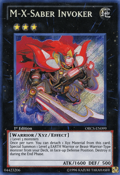 A Yu-Gi-Oh! card titled "M-X-Saber Invoker [ORCS-EN099] Secret Rare." This Xyz/Effect Monster, originating from the "Order of Chaos" series, depicts a warrior in red and yellow armor wielding a sword and riding a mechanical creature. With blonde hair and a determined expression, the Secret Rare card boasts 1600 ATK and 500 DEF with a specific summoning effect.