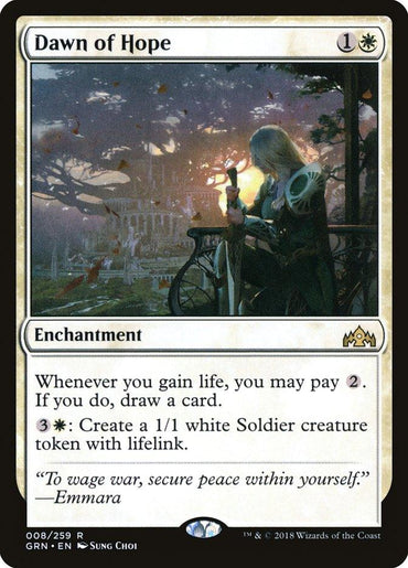 A "Dawn of Hope" Magic: The Gathering card from the Guilds of Ravnica set features an enchantment that costs one white and one colorless mana. Its abilities allow you to pay 2 mana to draw a card whenever you gain life, and for 3 mana (one white), you can create a 1/1 white Soldier token with lifelink. This card includes a rare illustration depicting a