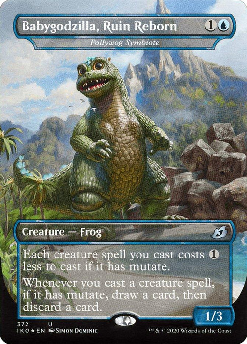 A Magic: The Gathering card titled "Pollywog Symbiote - Babygodzilla, Ruin Reborn (Godzilla Series)" from Ikoria: Lair of Behemoths. This Creature — Frog features a cartoonish green frog-like creature with a scaly body standing on its hind legs. With a mana cost of 1 blue and 1 generic, it can mutate to lower casting costs and allow card drawing and discarding.