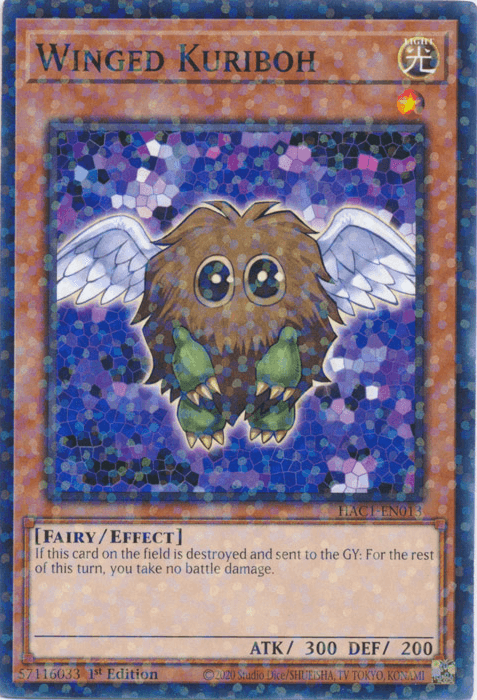 The image showcases a Yu-Gi-Oh! trading card named "Winged Kuriboh (Duel Terminal) [HAC1-EN013] Common," an Effect Monster from the Hidden Arsenal series. The card displays a round, furry creature with big blue eyes and small white wings against a sparkly, mosaic background. It has stats of ATK: 300 and DEF: 200 and an effect description for no battle damage during gameplay.