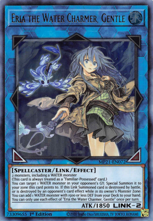 A Yu-Gi-Oh! trading card titled "Eria the Water Charmer, Gentle [MP21-EN072] Ultra Rare." The card features a blue-haired spellcaster holding a staff with a water elemental, requiring 2 monsters, including 1 WATER monster, with an ATK of 1850.