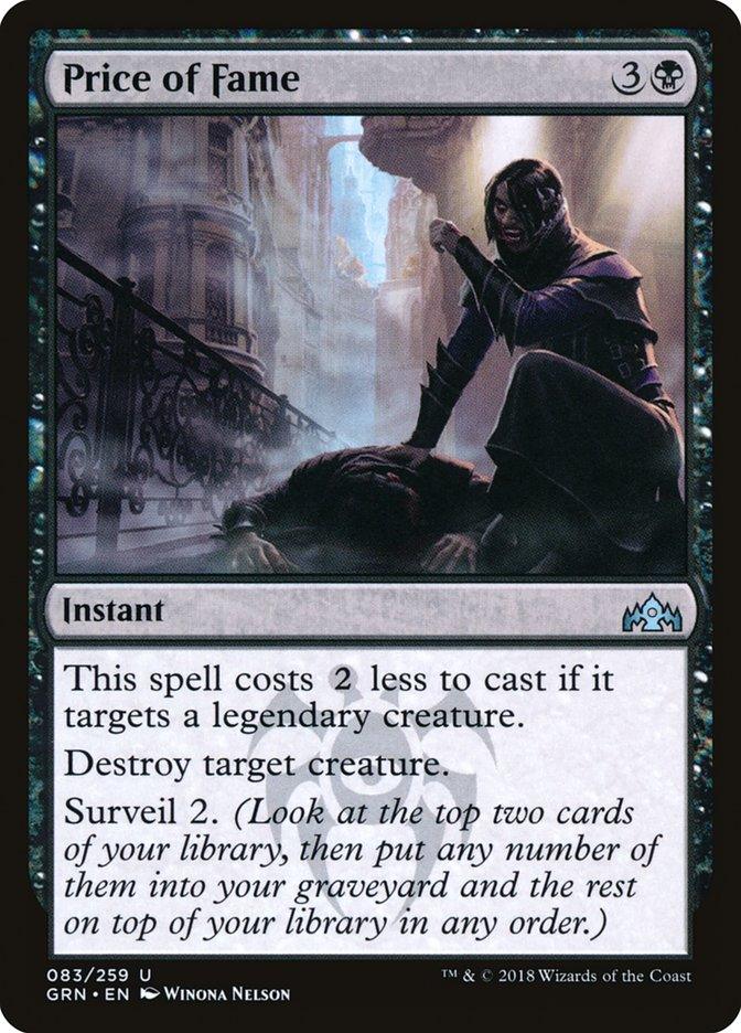 The Price of Fame [Guilds of Ravnica] card from Magic: The Gathering features a dark-clad figure looming over a fallen individual in an alley with gothic architecture. This instant spell is cheaper if it targets a legendary creature, costing 2 less, and allows you to destroy target creature while also using the Surveil 2 ability.