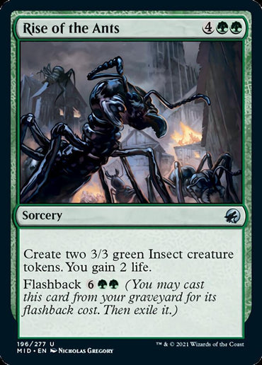 A Magic: The Gathering card named "Rise of the Ants" from the Innistrad: Midnight Hunt set costs 4 green mana and two colorless mana. This sorcery creates two 3/3 green Insect creature tokens and gains you 2 life. It has flashback for 6 green mana and one colorless mana, with artwork depicting large ants in a fiery scene.