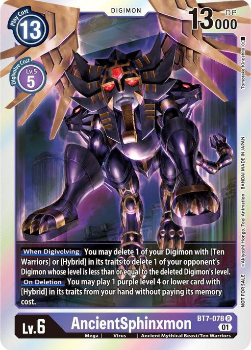 The image shows a Digimon trading card named "AncientSphinxmon [BT7-078] (Event Pack 3) [Next Adventure Promos]." It is a black and gold armored quadruped creature with wings and sharp claws. This promo card has a play cost of 13, evolves from a level 5 Digimon, and has a DP of 13,000. The card text describes its abilities in battles among the Ten Warriors.