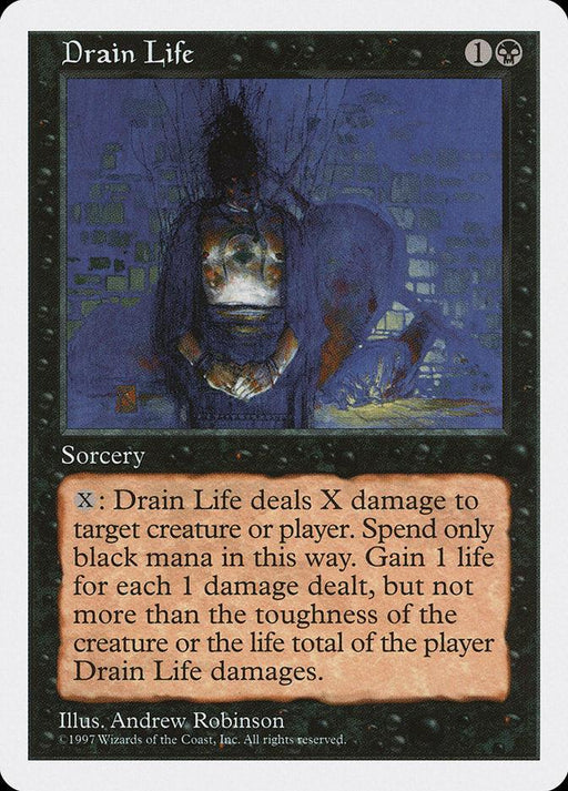 Magic: The Gathering card featuring "Drain Life [Fifth Edition]." The card has a black border and depicts an eerie figure standing with a small glowing orb at its chest in a dark, abstract setting. This sorcery reads, "X: Drain Life deals X damage to target creature or player..." The text box background is beige.