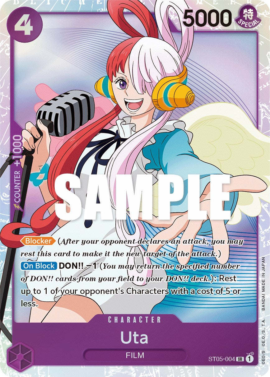 Introducing the Super Rare Uta character card from Bandai's Starter Deck: Film Edition. This card features an illustration of Uta holding a microphone with an energetic smile, showcasing her colorful red, white, and pink gradient hair. She's dressed in a blue and white outfit set against a vibrant backdrop of musical notes and shapes.