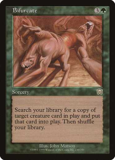 Magic: The Gathering card titled "Bifurcate [Mercadian Masques]" from the Mercadian Masques set. This rare sorcery features a green frame with a brownish background image depicting a grotesque, two-headed creature. Card text reads: “Search your library for a copy of target creature card in play and put that card into play. Then shuffle your library.”