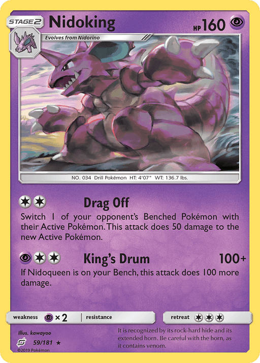 A Pokémon Nidoking (59/181) [Sun & Moon: Team Up] trading card from the Sun & Moon: Team Up series featuring the rare Nidoking. With 160 HP, this Psychic type showcases two attacks: Drag Off and King’s Drum. The illustration highlights Nidoking, a muscular, purple, horned creature with text and icons detailing its abilities and background information.