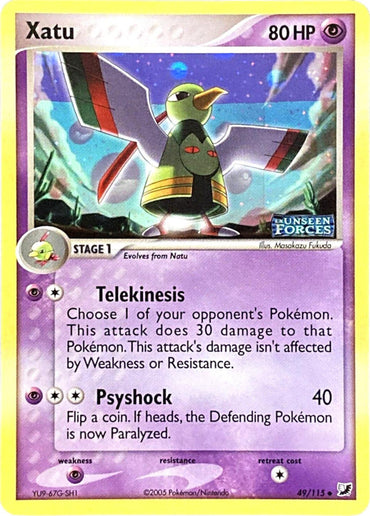 A Pokémon Xatu (49/115) (Stamped) [EX: Unseen Forces] trading card from the Unseen Forces set featuring Xatu with 80 HP. This uncommon card has two moves: Telekinesis, dealing 30 damage to one of the opponent's Pokémon, and Psyshock, which does 40 damage and may paralyze the opponent. The card depicts Xatu against a starry night sky and a shrine.