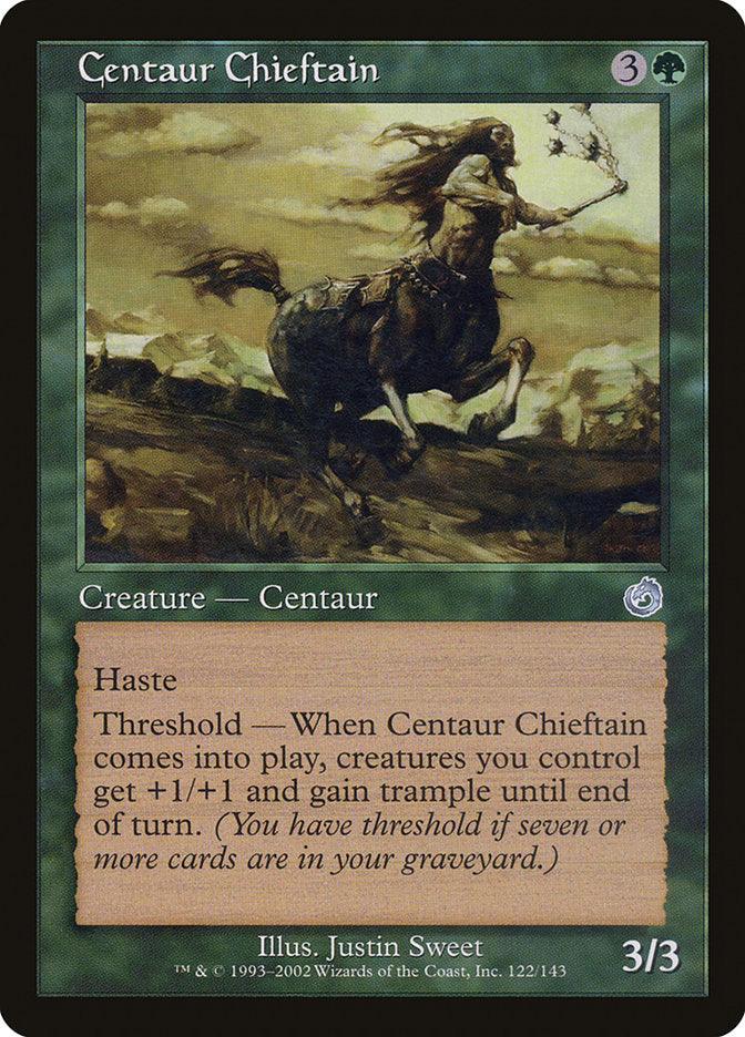 A Magic: The Gathering card titled "Centaur Chieftain [Torment]" highlights a centaur holding a spear in a forest setting. The card text details its abilities: haste and a HasteThreshold ability, granting your creatures +1/+1 and trample if seven or more cards are in your graveyard.