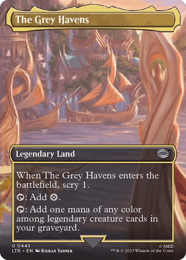 The image features a Magic: The Gathering card named "The Grey Havens (Borderless Alternate Art) [The Lord of the Rings: Tales of Middle-Earth]" from The Lord of the Rings set. It shows an idyllic harbor with majestic ships against a picturesque sunset. The Legendary Land card provides colorless mana, enables additional scrying, and offers mana based on legendary creatures in the graveyard.