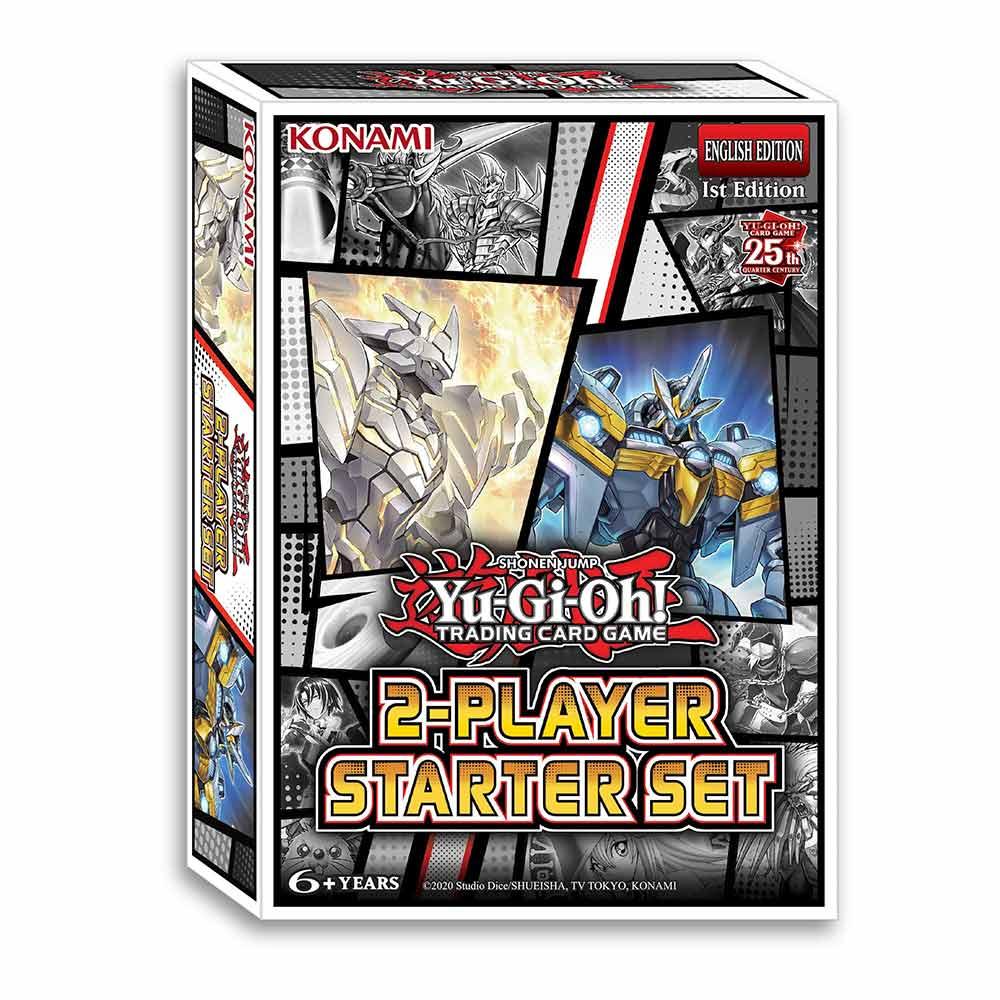 Dive into the Yu-Gi-Oh! Starter Deck: 2-Player Starter Set, featuring bold futuristic robot artwork and card scenes on vibrant packaging. With Konami's logo and an English 1st Edition, this set is recommended for ages 6 and up.