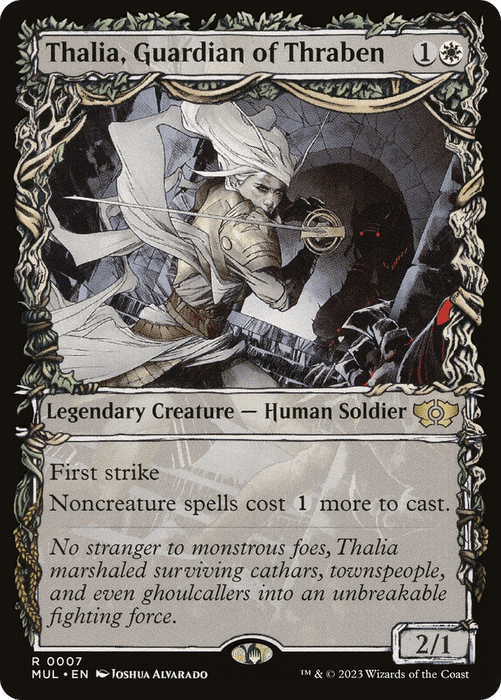 A Magic: The Gathering card titled "Thalia, Guardian of Thraben [Multiverse Legends]." This legendary creature depicts Thalia, a Human Soldier in white armor wielding a sword, facing a dark, menacing figure. With a mana cost of 1 white and 1 colorless, it has First Strike and taxes noncreature spells. It is a 2/1 legendary creature.