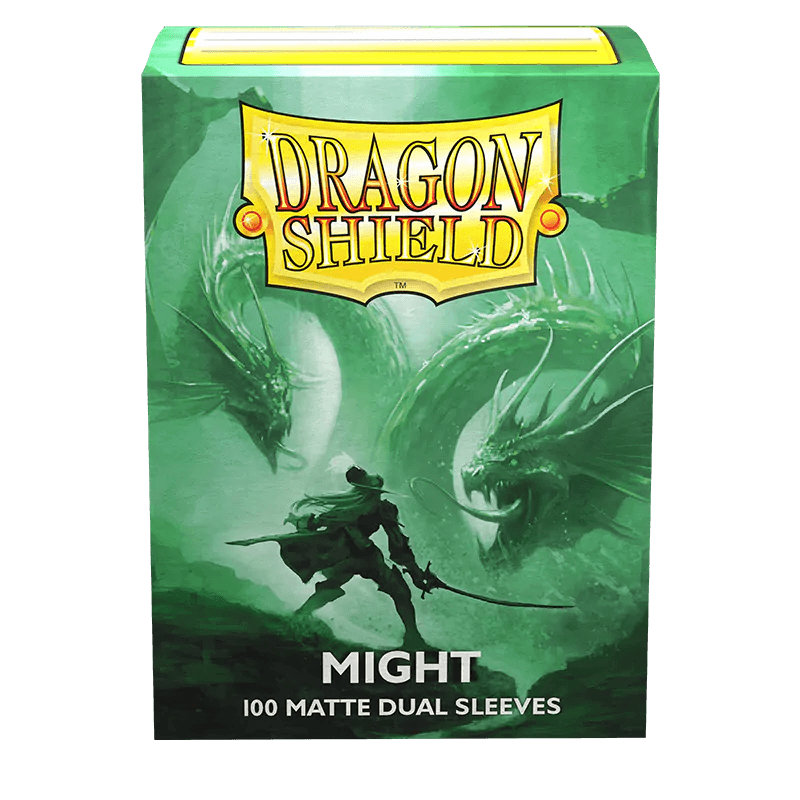 The Arcane Tinmen's Dragon Shield: Standard 100ct Sleeves - Might (Dual Matte) features striking green packaging adorned with dynamic card art. It depicts a silhouette of a warrior brandishing a sword against two fearsome dragons. With a sleek black interior and 