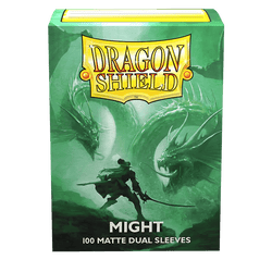 The Arcane Tinmen's Dragon Shield: Standard 100ct Sleeves - Might (Dual Matte) features striking green packaging adorned with dynamic card art. It depicts a silhouette of a warrior brandishing a sword against two fearsome dragons. With a sleek black interior and "100 Dual Matte Sleeves" printed at the bottom, these sleeves are an ideal addition to your collection.