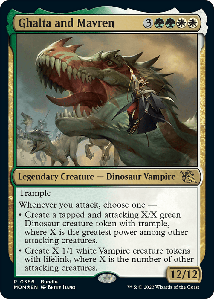 The image is of a Magic: The Gathering card titled "Ghalta and Mavren (Bundle) [March of the Machine]." This Legendary Creature features artwork of a massive dinosaur charging into battle with a vampire riding it. With Trample, it generates Dinosaur and Vampire tokens. The Dinosaur Vampire has an impressive power and toughness of 12/12.