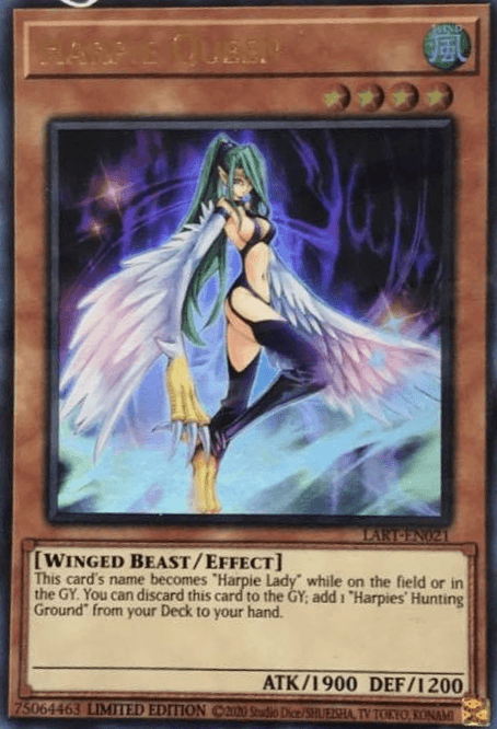 A collectible card titled "Harpie Queen [LART-EN021] Ultra Rare" from the Yu-Gi-Oh! trading card game. As an Ultra Rare effect monster featured in The Lost Art Promotion, the card showcases a winged female character with green hair and a revealing feathered outfit, posing confidently. Text details effects, attributes, and stats (ATK/1900 DEF/1200).