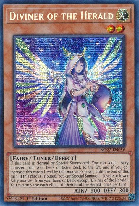 A Yu-Gi-Oh! trading card from the 2022 Tin of the Pharaoh's Gods, titled "Diviner of the Herald [MP22-EN056] Prismatic Secret Rare," depicts a radiant fairy with light purple hair, holding a golden staff and surrounded by holographic iridescent wings. This Prismatic Secret Rare card includes attributes [FAIRY/TUNER/EFFECT], ATK 500, DEF 300, and