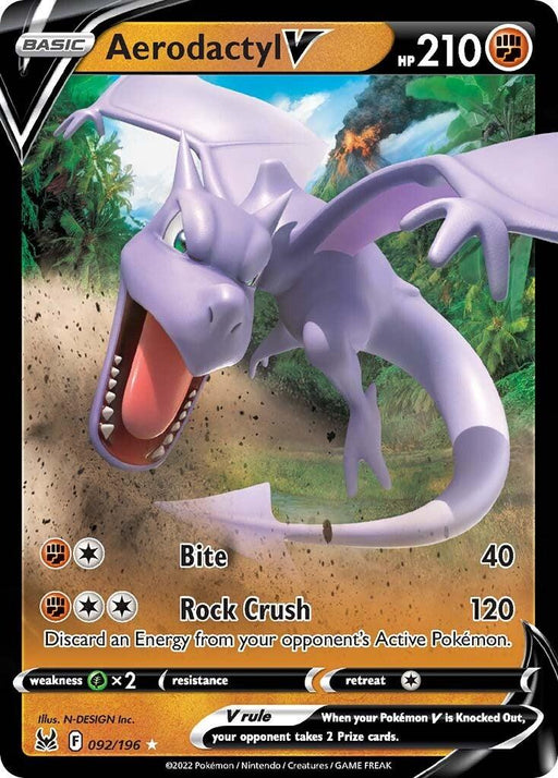A Pokémon trading card featuring Aerodactyl V (092/196) [Sword & Shield: Lost Origin] with 210 HP. Aerodactyl, a winged dinosaur-like Pokémon, is depicted in mid-flight in a jungle setting, looking fierce with an open mouth. This Ultra Rare fighting type from Sword & Shield: Lost Origin has two attacks: "Bite" (40 damage) and "Rock Crush" (120 damage). Numbered