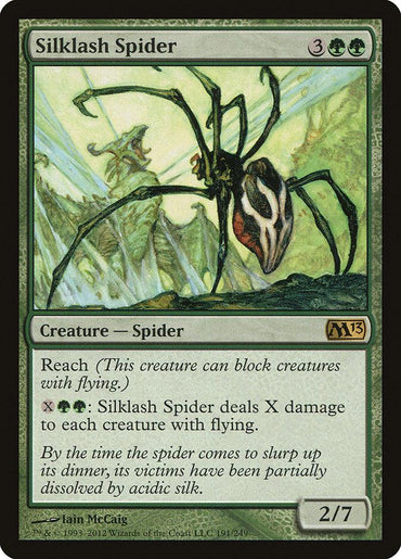 The Magic: The Gathering card "Silklash Spider [Magic 2013]" from the Magic: The Gathering set depicts a large green and brown spider with long, thin legs and a menacing appearance. This rare creature has a 2/7 power/toughness and abilities involving dealing damage to creatures with flying and Reach.