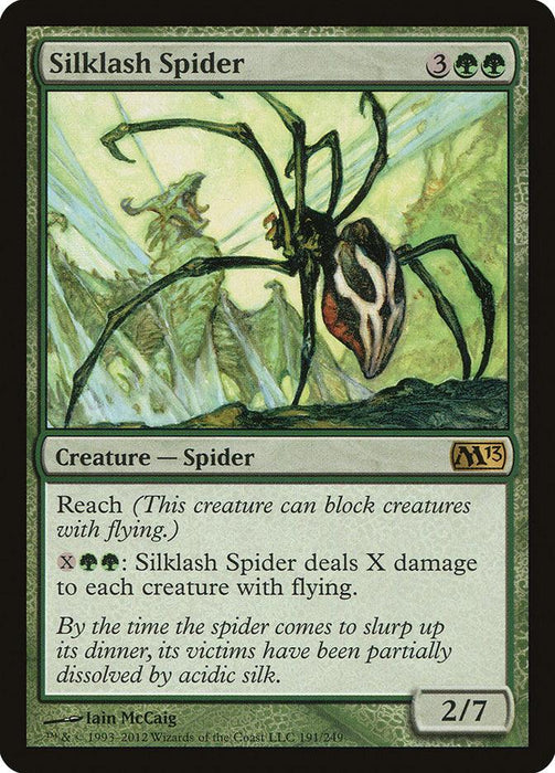 The Magic: The Gathering card "Silklash Spider [Magic 2013]" from the Magic: The Gathering set depicts a large green and brown spider with long, thin legs and a menacing appearance. This rare creature has a 2/7 power/toughness and abilities involving dealing damage to creatures with flying and Reach.