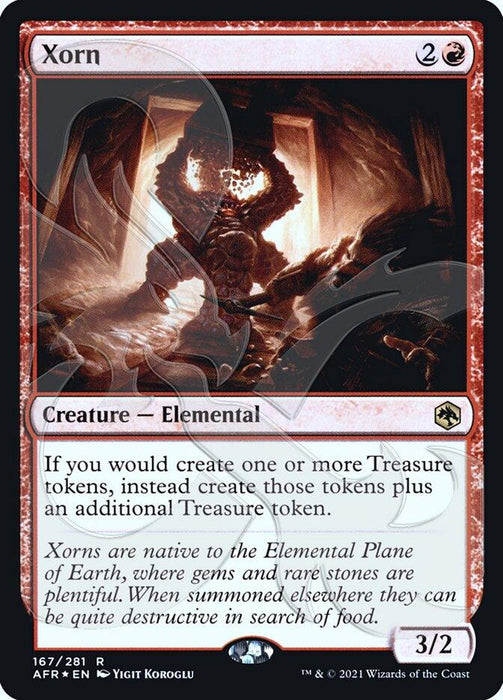 A Magic: The Gathering card named "Xorn (Ampersand Promo) [Dungeons & Dragons: Adventures in the Forgotten Realms Promos]." It features a rocky, humanoid creature illuminated by a warm, reddish light, surrounded by flowing magma. The card text explains its ability to create additional Treasure tokens. With stats of 3 power, 2 toughness, and a mana cost of 2R.