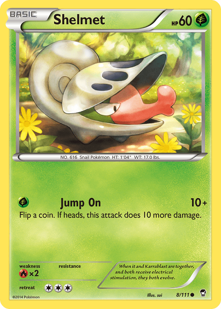 A Pokémon Shelmet (8/111) [XY: Furious Fists] trading card featuring Shelmet. Shelmet, a snail-like Grass Type Pokémon with a helmet-shaped shell, appears in a vibrant green, yellow, and flower-filled background. This common rarity card from the Furious Fists series indicates Shelmet's HP of 60 and details the 