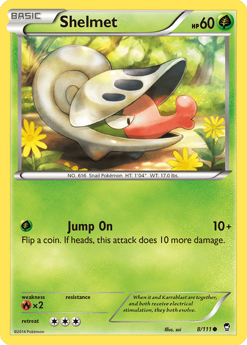 A Pokémon Shelmet (8/111) [XY: Furious Fists] trading card featuring Shelmet. Shelmet, a snail-like Grass Type Pokémon with a helmet-shaped shell, appears in a vibrant green, yellow, and flower-filled background. This common rarity card from the Furious Fists series indicates Shelmet's HP of 60 and details the "Jump On" attack. The card is numbered 8/111 and illustrated by sui.