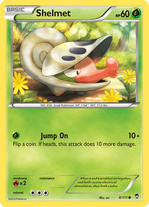 A Pokémon Shelmet (8/111) [XY: Furious Fists] trading card featuring Shelmet. Shelmet, a snail-like Grass Type Pokémon with a helmet-shaped shell, appears in a vibrant green, yellow, and flower-filled background. This common rarity card from the Furious Fists series indicates Shelmet's HP of 60 and details the "Jump On" attack. The card is numbered 8/111 and illustrated by sui.