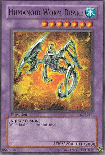 A Yu-Gi-Oh! product showcasing "Humanoid Worm Drake [LON-005] Common," a fusion monster from the Labyrinth of Nightmare set. The card has a purple border and features an illustration of a green, multi-limbed creature with 2200 attack points and 2000 defense points, labeled as Aqua/Fusion type.
