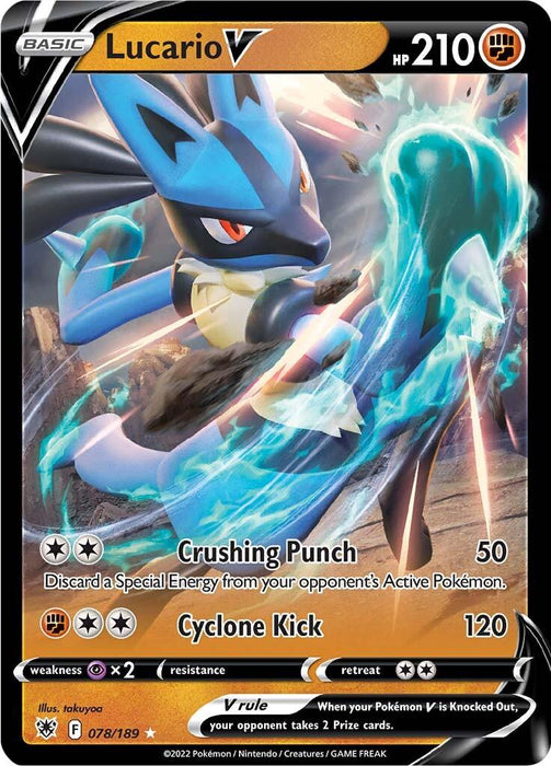 A Pokémon product featuring Lucario V (078/189) [Sword & Shield: Astral Radiance]. This Ultra Rare item showcases Lucario, a bipedal, blue and black canine-like Pokémon in an action pose with an energy aura around its right fist. With moves like "Crushing Punch" and "Cyclone Kick," it's marked 078/189 and has a weakness to Psychic.